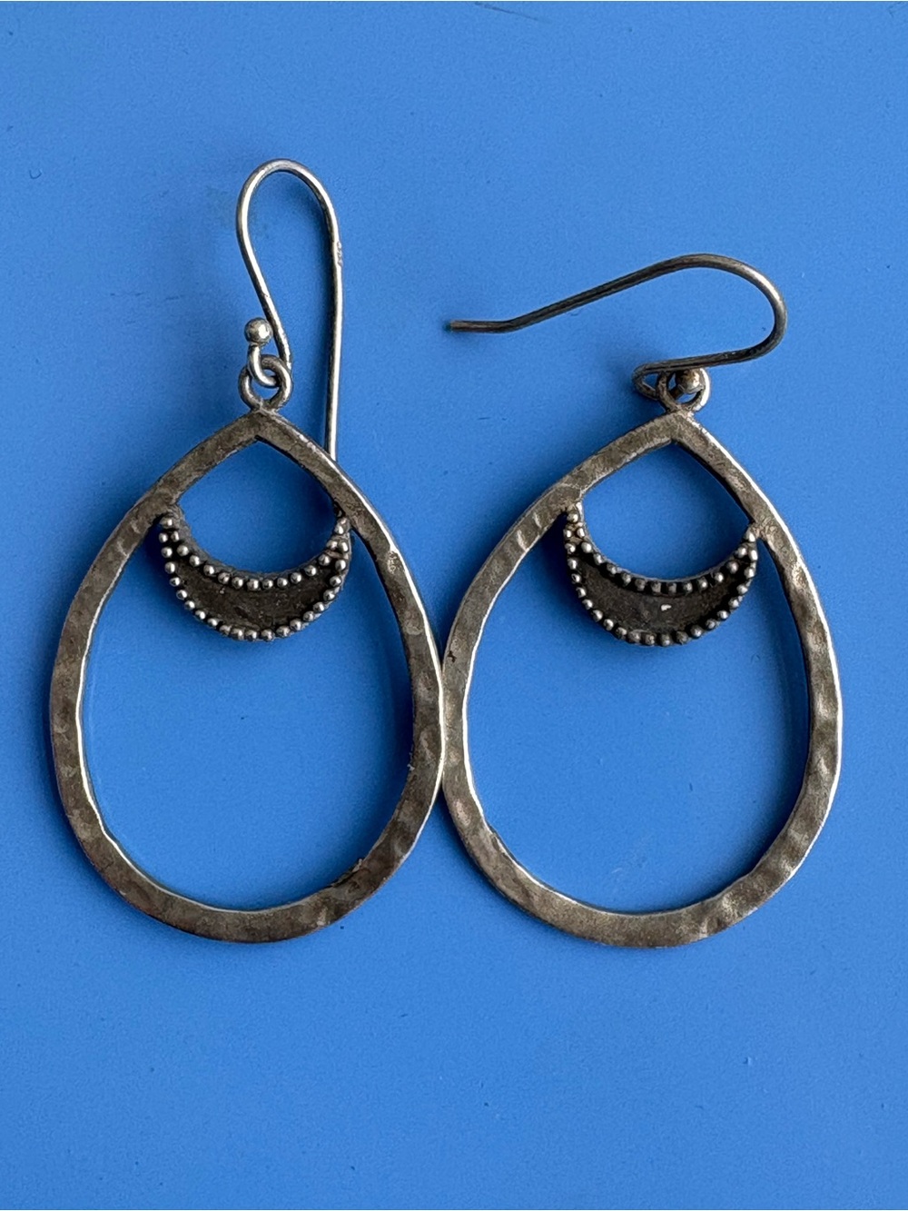 Sterling Silver Hammered Teardrop Earrings with Beaded Crescent Accent by Satya - Picture 2 of 4